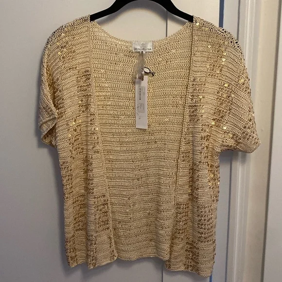 Miguelina Tops | Crochet with Gold Sequins Open Cardigan Size Small Brand Miguelina | Color: Cream/Gold | Size: S | Joilisa's Closet Miguelina Tops | Crochet with Gold Sequins Open Cardigan Size Small Brand Miguelina | Color: Cream/Gold | Size: S | Joilisa's Closet